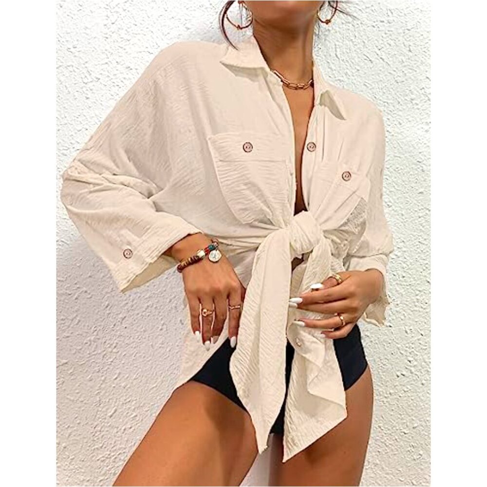 Beach Cover Up Blouse Button-down Shirt Apricot Beige Flowy Resort - Picture 2 of 5